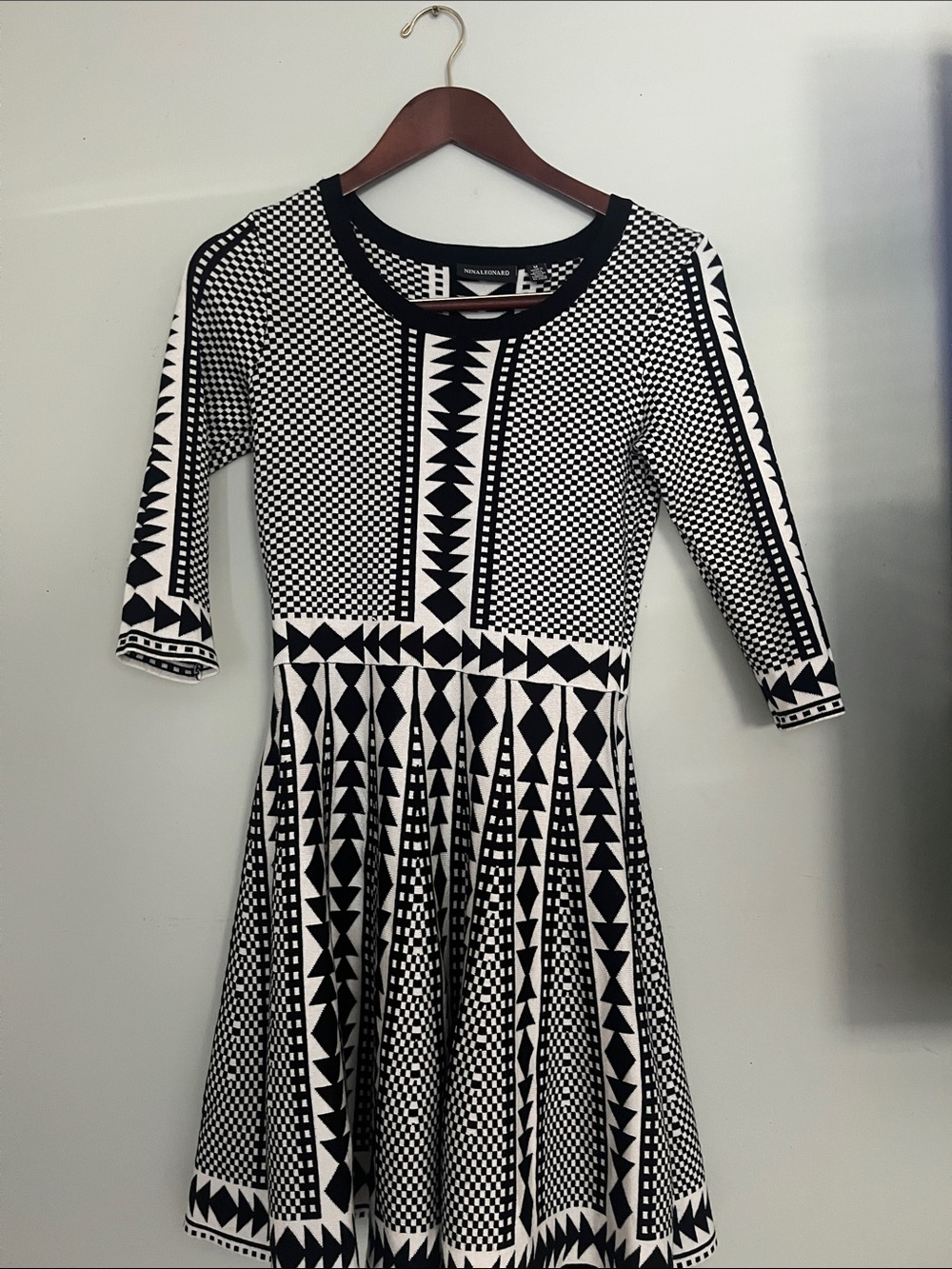 Nina Leonard Black & White Geometric Midi Dress